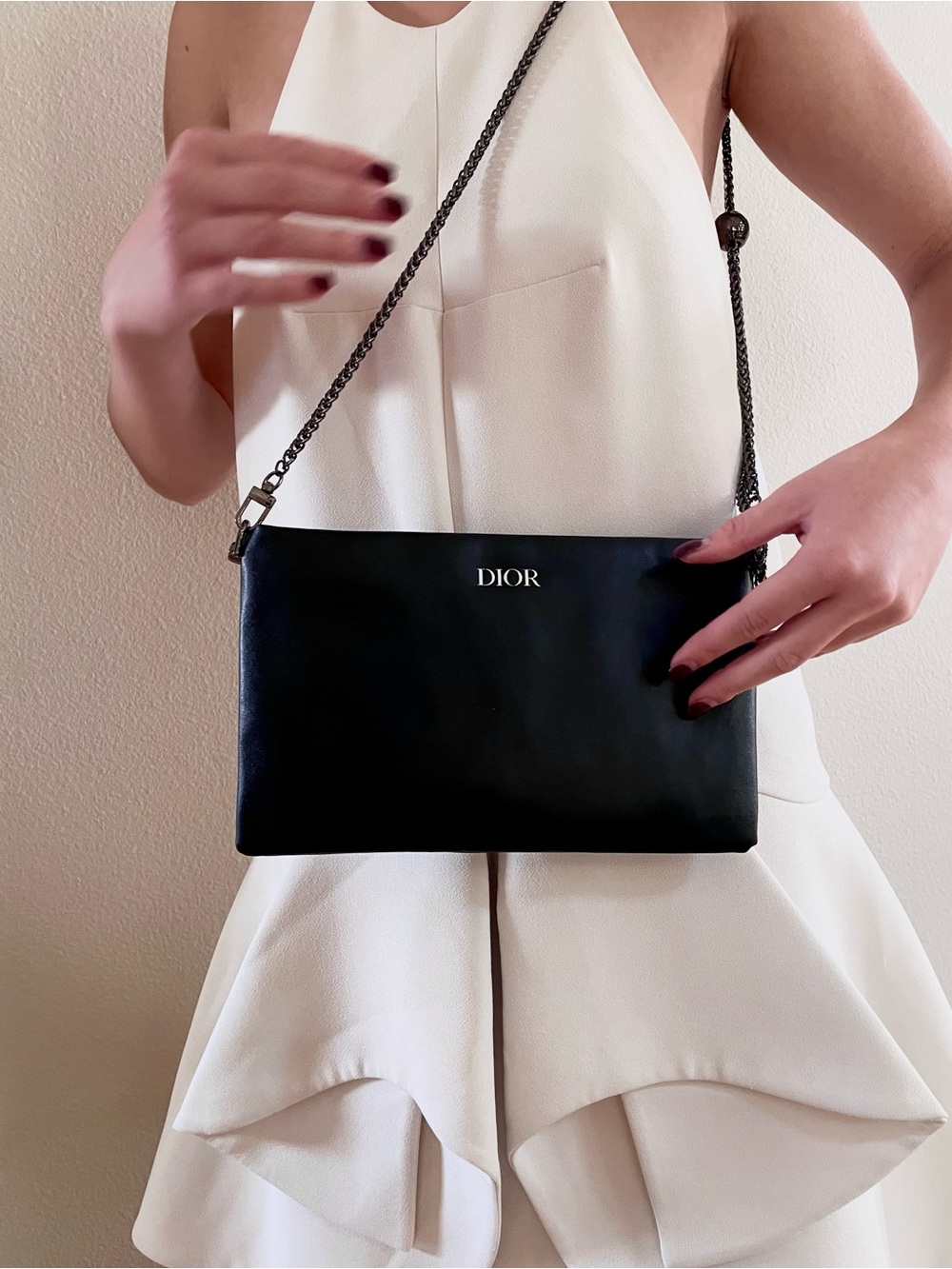 DIOR Black faux Leather adjustable Chain strap Crossbody Bag purse LOGO